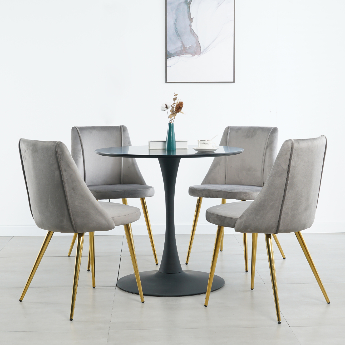 Set of 4 Stylish Grey Dining Chairs with Gold Metal Legs