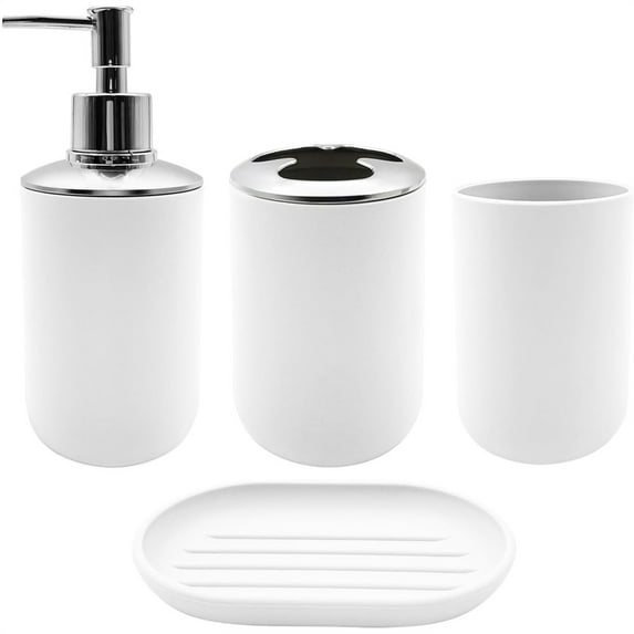 Set of 4 Stylish White Bathroom Accessories,Include Toothbrush Stand Holder,Lotion Dispenser,Plastic Soap Dish,Resin Mouthwash Cup,Travel Toiletries Kit,for Home Storage Decor