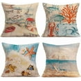thumbnail image 1 of Set of 4 Summer Beach Throw Pillow Cases Marine Animal Fish Starfish Crab Pattern Throw Pillow Cushion Cover Cotton Linen Ocean Sea Theme Home Couch Decor Standard Pillowcase 18x18 Inch, 1 of 6