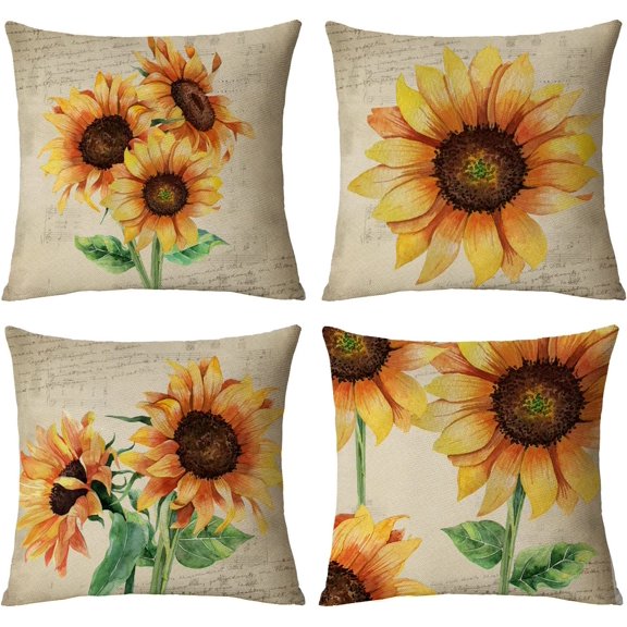 Set of 4 Sunflower Decorative Throw Pillow Covers 16x16 Inch Plant Pillow Covers Linen Square Pillow Cases Summer Flower Outdoor Sofa Couch Home Bed Decor Cushion Covers (16 by 16)