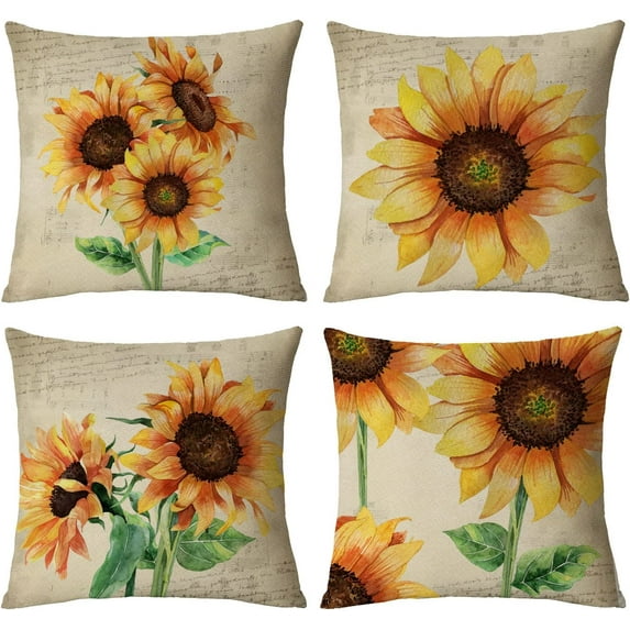 Set of 4 Sunflower Decorative Throw Pillow Covers 18x18 Inch Plant Pillow Covers Linen Square Pillow Cases Summer Flower Outdoor Sofa Couch Home Bed Decor Cushion Covers (18 by 18)