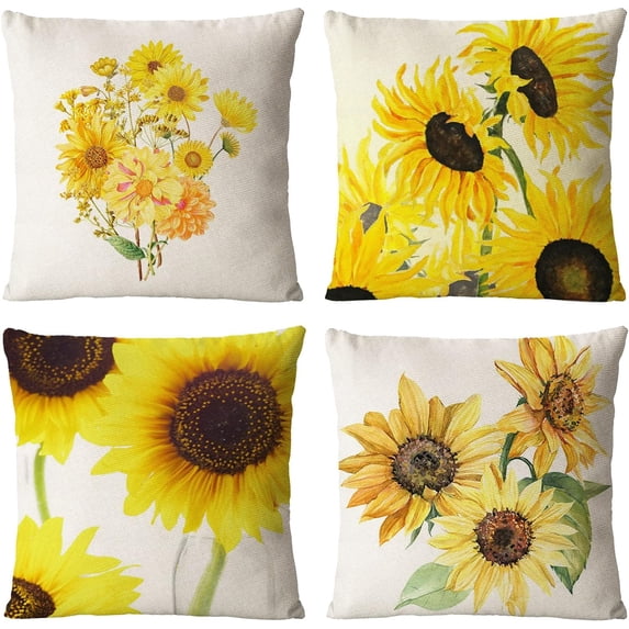 Set Of 4 Sunflower Flower Decorative Throw Pillow Covers 20x20 Inch Plant Pillow Covers Linen Square Pillow Cases Summer Flower Outdoor Sofa Couch Home Bed Decor Cushion Covers (20 by 20)