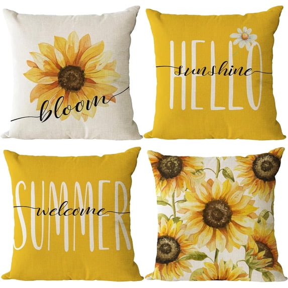 Set of 4 Sunflower Pillow Covers 16x16 Spring Summer Pillow Covers Yellow Floral Throw Pillow Covers Cushion Covers Square Pillow Cases for Couch Sofa Patio Outdoor Home Decorations(16 Inch)