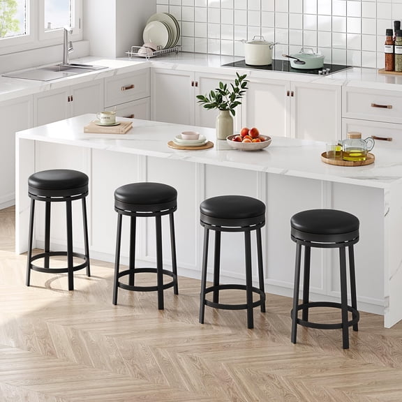 Set of 4 Swivel Bar Stools 24" Counter Height Backless Round PU Leather Seats Sturdy Metal Frame with Footrest Modern Black Bar Chairs for Kitchen Island, Dining Room, Home Bar