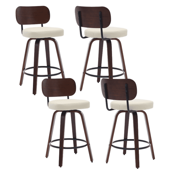 Set of 4 Swivel Bar Stools, 26" Upholstered Faux Leather Counter Height Barstools with Walnut Back & Bentwood Legs, Mid Century Modern Bar Chairs Island Stools for Kitchen Counter (Beige)