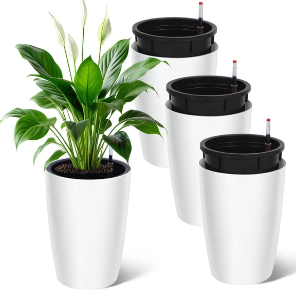 Set of 4 Tall 16" Self-Watering Planters – Large Round Indoor Outdoor Flower Pots – Built-in Drainage, Water Level Gauge – For Patio, Porch, Living Room, Home Office – White