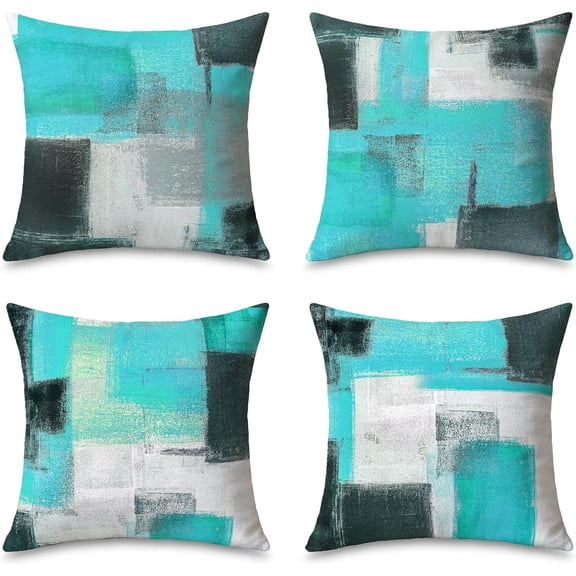Set of 4 Teal and Grey Brush Stroke Throw Pillow Covers, Abstract Art Style Decorative Turquoise Gray Pillow Cases, Soft Cushion Covers for Sofa, Couch Bed Living Room Bedroom Home Decor 18x18 Inch
