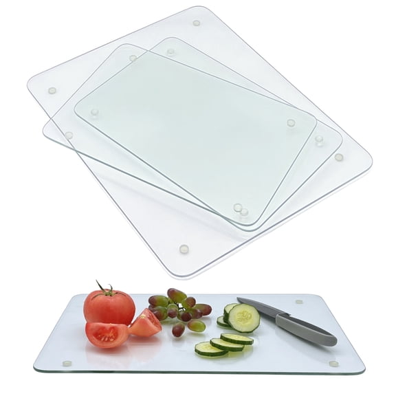Set of 4 Tempered Glass Cutting Boards for Kitchen, Clear Non-Slip Chopping Boards with Rubber Feet, Heat-Resistant Shatterproof Countertop Protector, 2 Sizes (16"x12" & 12"x8")