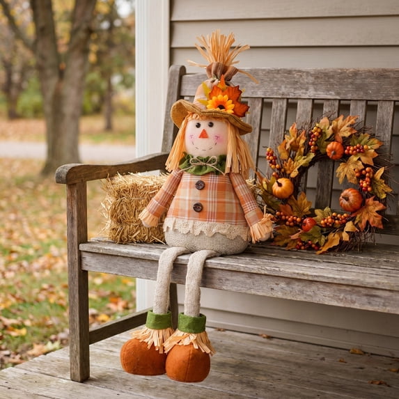 Set of 4 Thanksgiving Fabric Gnome and Scarecrow Dolls with Sunflower Hats and Weighted Standing Base, Festive Tabletop Decoration for Mantel, Shelf, and Holiday Party.