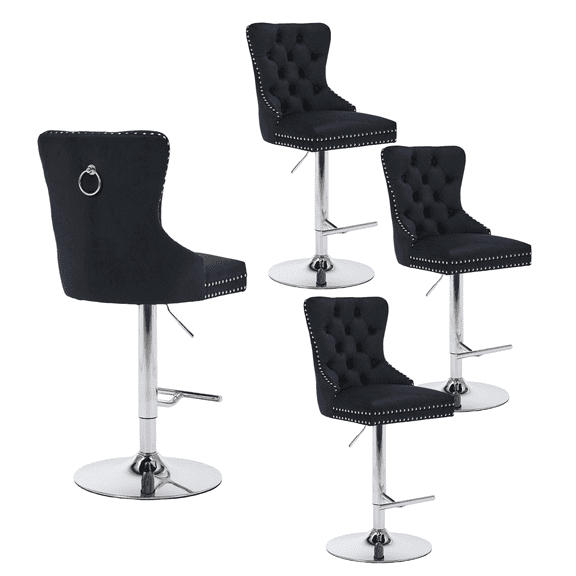 Set of 4 Thick Chrome Swivel Velvet Barstools,Adjustable 25-33"Height,Modern Upholstered with17.7" Base,Tufted Buttons&Diamond Pleating,Sponge&Spring Seat,for Home Pub&Kitchen Island