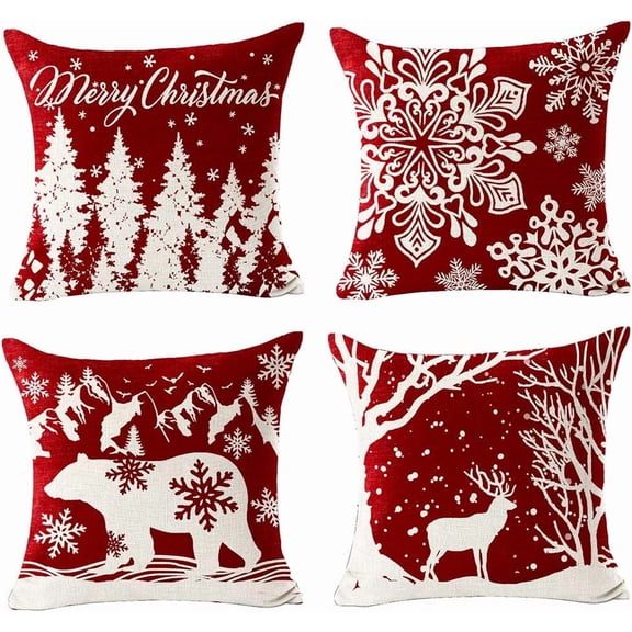 Set of 4 Throw Pillow Case Merry Christmas Tree Bear Elk Snowflake Mountain Cotton Linen Cushion Cover for Sofa Bed Couch Home Office Decorative Square 18 X 18 Inches (Scarlet)