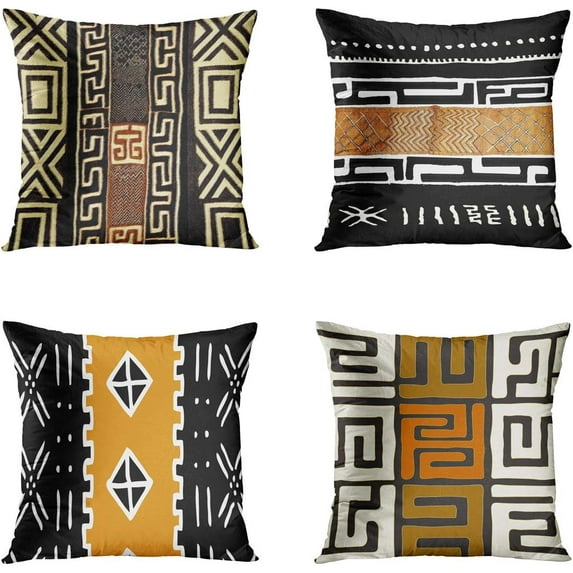 Set of 4 Throw Pillow Cover 16x16 Inch The Essence of African Tribal Mud Cloth Inspired Earth Colors Geometric Home Decor Pillowcase Square Cushion Cover for Sofa Bed Couch