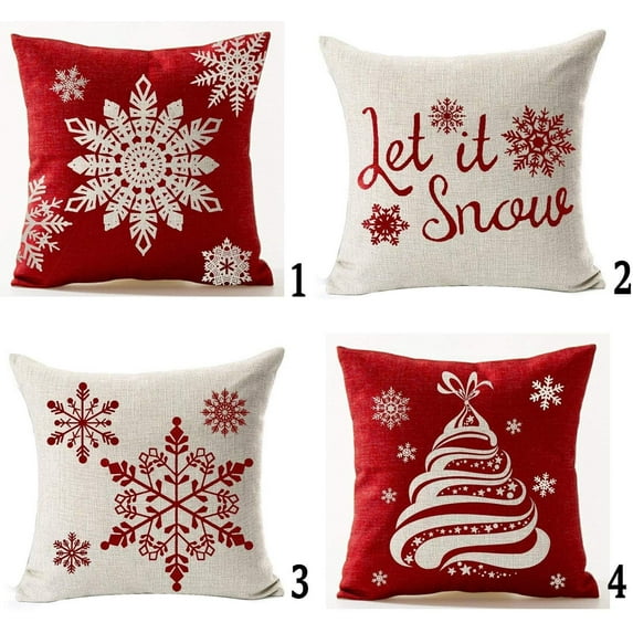 Set of 4 Throw Pillow Cover Christmas Beige Shadow Let It Snow Snowflakes Red Cotton Linen Throw Pillow Case Cushion Cover for Sofa Bed Couch Home Decor Square 18 X 18 Inches(Blood Red)
