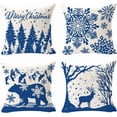 thumbnail image 1 of Set of 4 Throw Pillow Cover Merry Christmas Pine Tree Bear Elk Snowflake Cotton Linen Throw Pillow Case Cushion Cover for Sofa Bed Couch Home Decorative Square 18 X 18 Inches (Blue), 1 of 4
