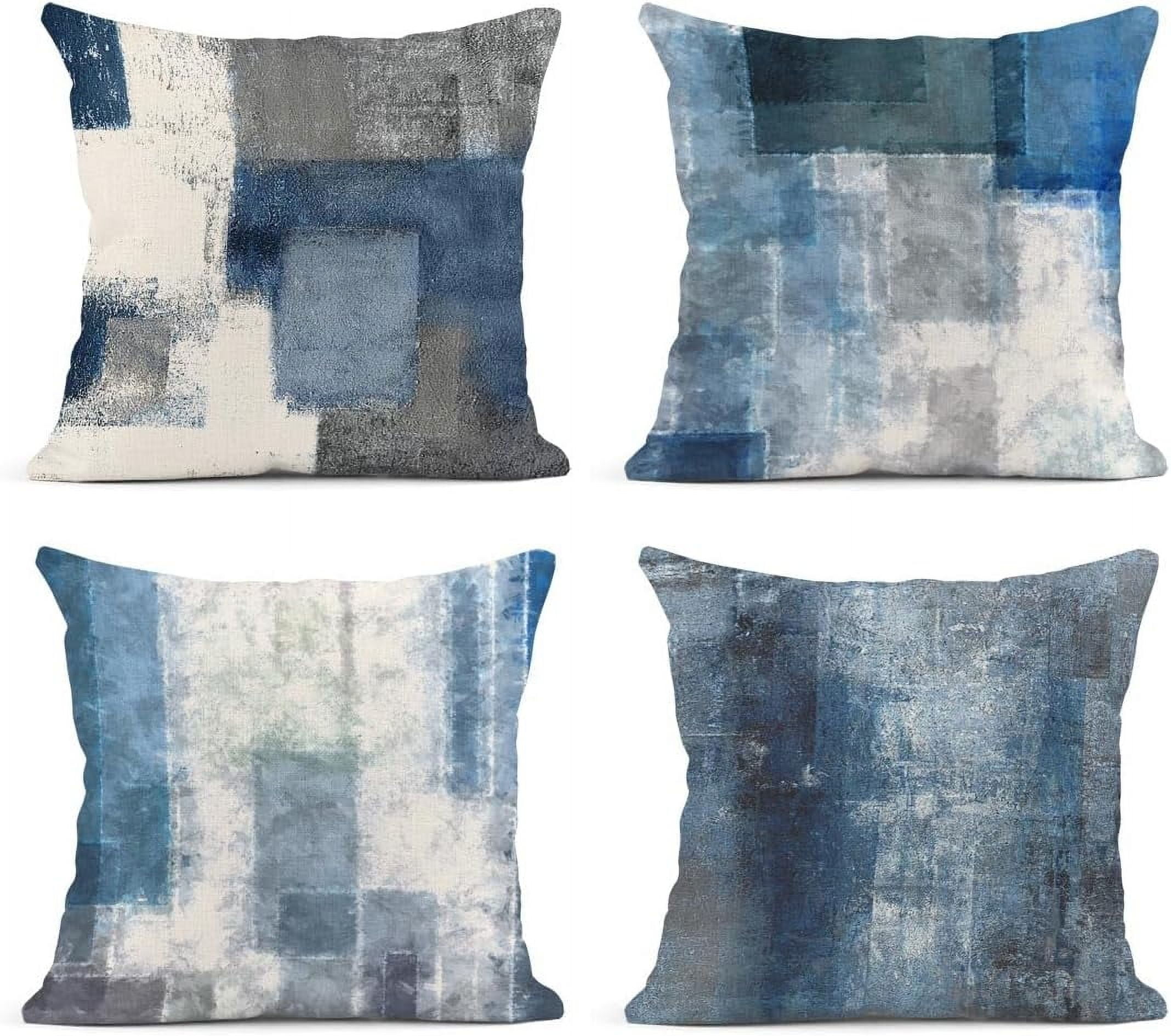 Set of 4 Throw Pillow Covers 20x20 Inch Blue and Grey White Artwork Contemporary Decorative Gray Cushion Cases for Sofa Bedroom Car Decor Add an Elegant Touch with Modern Artistic Design