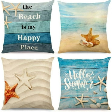 Set of 4 Throw Pillow Covers Beach Starfish and Summer is My Happy Place Rhinestone Decorative Pillow Cases Home Decor Square 18x18 Inches Pillowcases