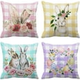 thumbnail image 1 of Set of 4 Throw Pillow Covers Cute Rabbits Ears Happy Easter Eggs, Spring Flowers Buffalo Grid Decorative Pillow Cases Home Decor Standard Square 18x18 Inches Pillowcases, 1 of 6