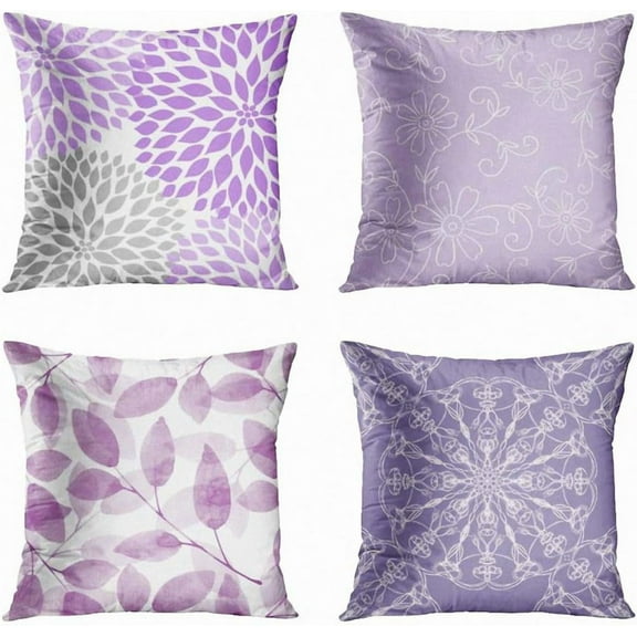 Set of 4 Throw Pillow Covers Gray Lavender Purple Grey Dahlia Floral Flowers Blooms Blossoms Swirly White Elegant Decorative Pillow Cases Home Decor Square 18x18 Inches Pillowcases