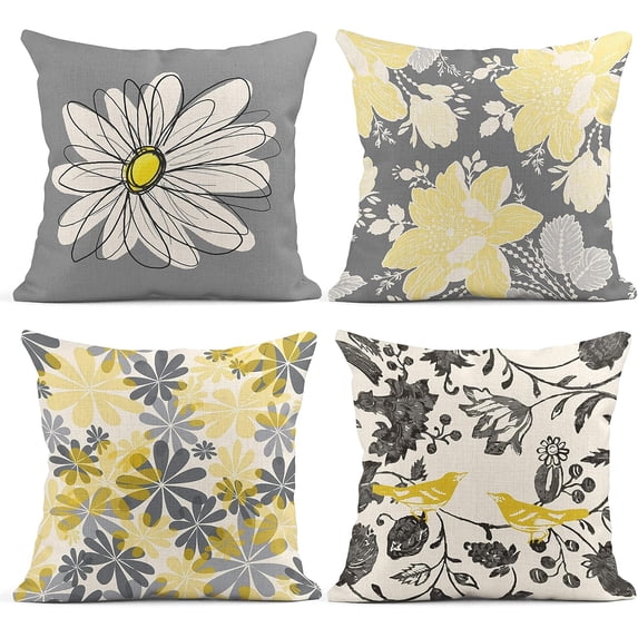 Set of 4 Throw Pillow Covers Gray and Yellow Modern Daisy with Pretty Trendy White Vintage Floral Bird Decorative Pillow Cases Cushion Home Decor Square 18x18 Inches Pillowcases