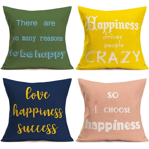 Set of 4 Throw Pillow Covers Happy Happiness Quotes Wording Inspirational Pillow Cases Polyester Linen Farmhouse Colorful Decor Pillow Covers with Saying Housewarming Gifts