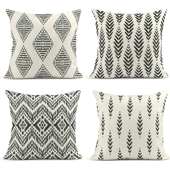 Set of 4 Throw Pillow Covers Ikat Tribal and Boho Bohemian Black Ethnic Herringbone for Ideas Decor Linen Outdoor Pillow Cases Home Decorative Square 18x18 Inches Pillowcases