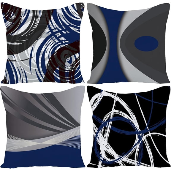 Set of 4 Throw Pillow Covers Modern Abstract Dark Blue Stripes Gray Black White Acrylic Bold Grey Decorative Pillow Cases Home Decor Square 18x18 Inches Pillowcases