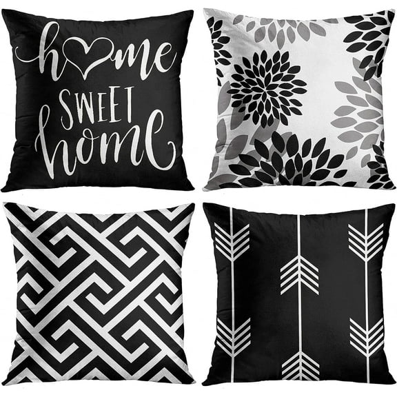 Set of 4 Throw Pillow Covers Modern Abstract Geometry Black White and Grey Words Sweet Floral Arrow Decorative Pillow Cases Home Decor Standard Square 18x18 Inches Pillowcases