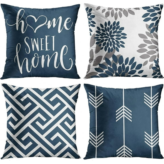 Set of 4 Throw Pillow Covers Modern Abstract Geometry Blue White and Grey Words Sweet Floral Arrow Decorative Pillow Cases Home Decor Standard Square 20x20 Inches Pillowcases
