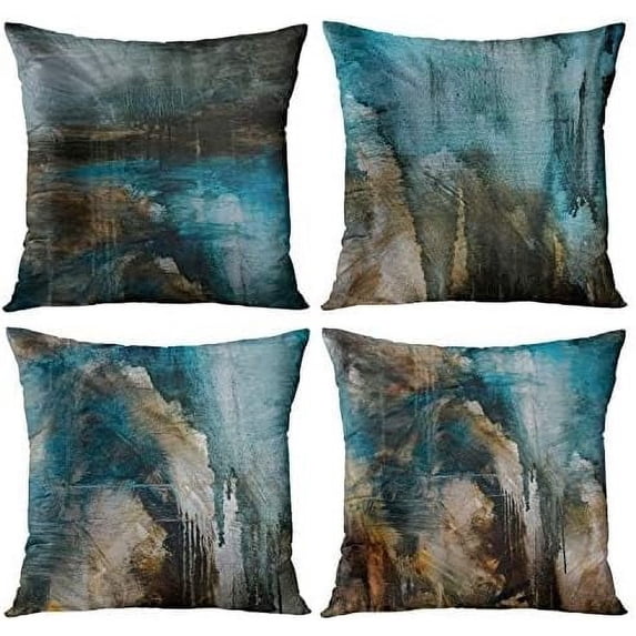 Set of 4 Throw Pillow Covers Modern Abstract Messy Teal Turquoise Black and Brown Retro Painting Decorative Pillow Cases Home Decor Standard Square 16x16 Inches Pillowcases