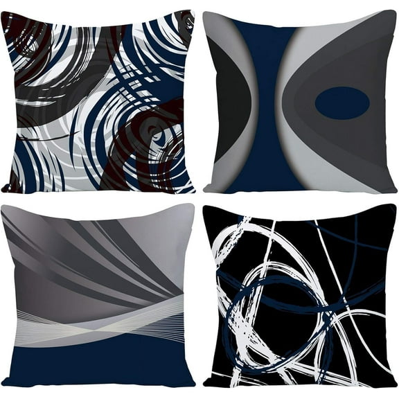 Set of 4 Throw Pillow Covers Modern Abstract Navy Blue Stripes Gray Black White Acrylic Bold Grey Decorative Pillow Cases Home Decor Square 20x20 Inches Pillowcases