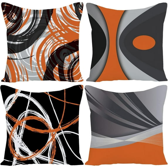 Set of 4 Throw Pillow Covers Modern Abstract Orange Stripes Gray Black White Acrylic Bold Grey Decorative Pillow Cases Home Decor Square 20x20 Inches Pillowcases