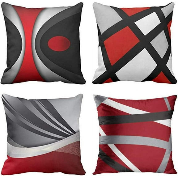 Set of 4 Throw Pillow Covers Modern Abstract Red Stripes Gray Black White Acrylic Bold Grey Decorative Pillow Cases Home Decor Square 18x18 Inches Pillowcases