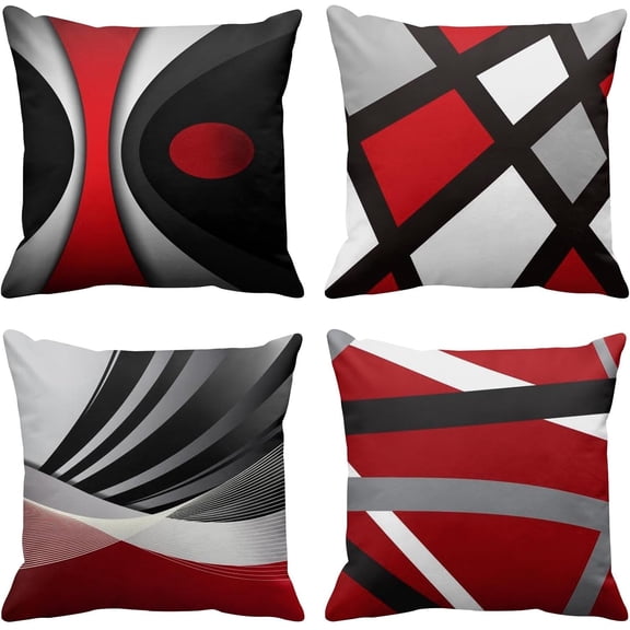 Set of 4 Throw Pillow Covers Modern Abstract Red Stripes Gray Black White Acrylic Bold Grey Decorative Pillow Cases Home Decor Square 20x20 Inches Pillowcases