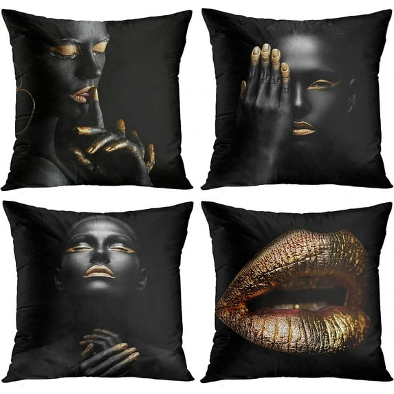 Set of 4 Throw Pillow Covers Modern Black and Gold Lip Fingers Face African Women Ethnic Tribe Decorative Pillow Cases Home Decor Standard Square 18x18 Inches Pillowcases