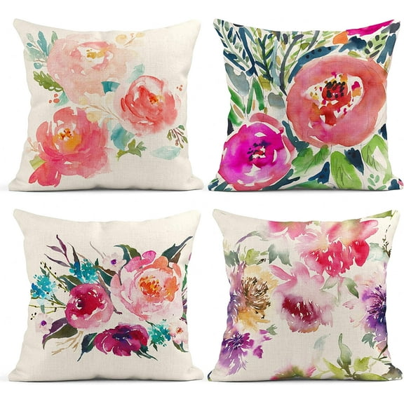 Set of 4 Throw Pillow Covers Peonies Summer Watercolor Floral Pink Purple Flower Girly Pastel Mint Colorful Decorative Pillow Cases Home Decor Square 18x18 Inches Pillowcases