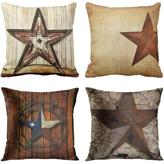 Set of 4 Throw Pillow Covers Rustic Country Western Star Barn Wooden Cabin West Primitive Decorative Pillow Cases Home Decor Square 18x18 Inches Pillowcases