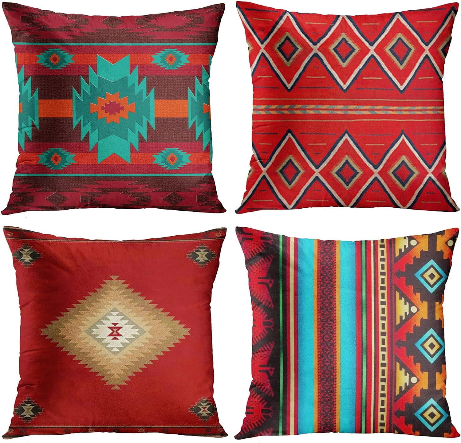 Set of 4 Throw Pillow Covers South Southwest Western Tribal Red Native Home Cultural Geometric Hue Country Decorative Pillow Cases Home Decor Square 16x16 Inches Pillowcases