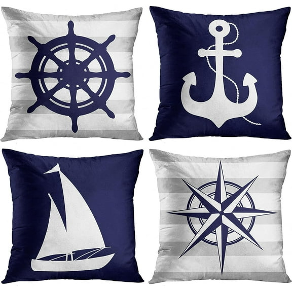 Set of 4 Throw Pillow Covers Summer Nautical Costal Navy Blue White and Gray Stripe Helm Anchor Boat Star Decorative Pillow Cases Home Decor Standard Square 18x18 Inches Pillowcases