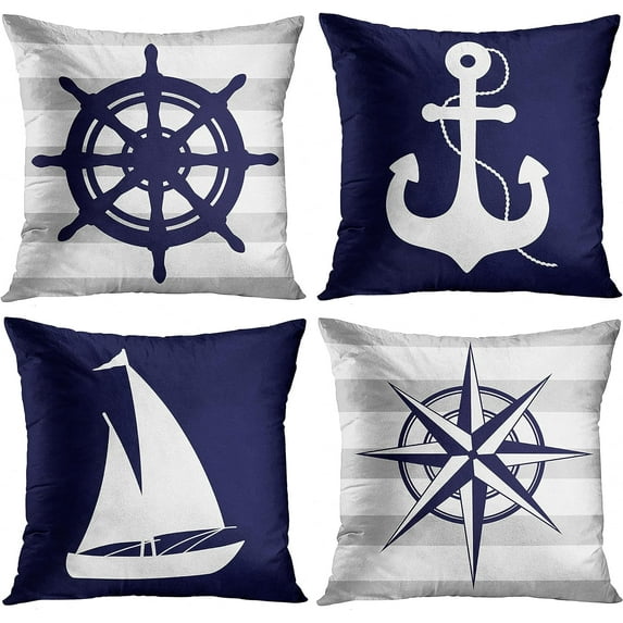 Set of 4 Throw Pillow Covers Summer Nautical Costal Navy Blue White and Gray Stripe Helm Anchor Boat Star Decorative Pillow Cases Home Decor Standard Square 18x18 Inches Pillowcases