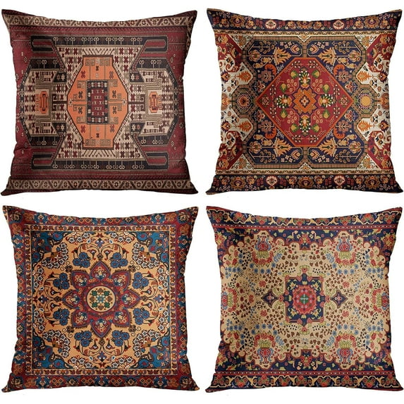Set of 4 Throw Pillow Covers Tribal Abstract Dark Red and Yellow Vintage Carpet Pattern Decorative Pillow Cases Home Decor Standard Square 20x20 Inches Pillowcases