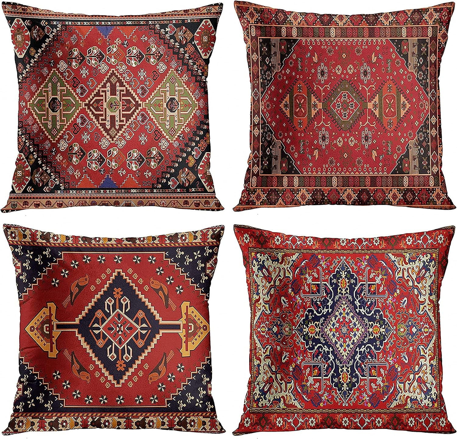 Set of 4 Red and Black Velvet Tribal Pillow Covers