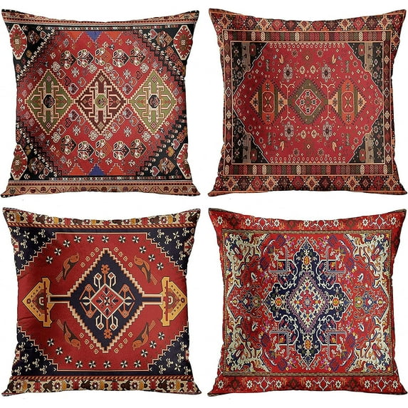 Set of 4 Throw Pillow Covers Tribal Abstract Red and Black Vintage Carpet Pattern Decorative Pillow Cases Home Decor Standard Square 16x16 Inches Pillowcases
