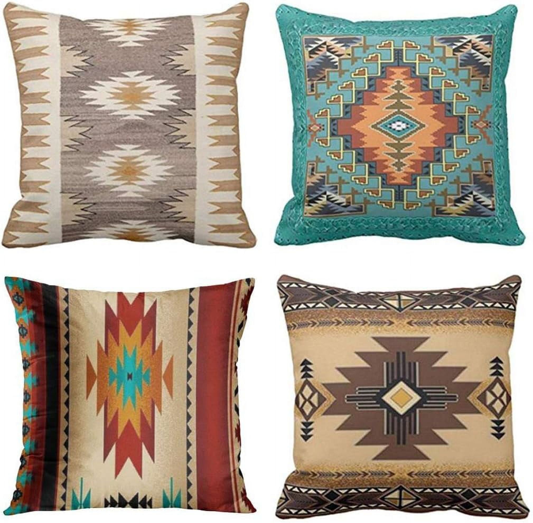 Set of 4 Turquoise and Orange Tribal Geometric 20" Throw Pillow Covers