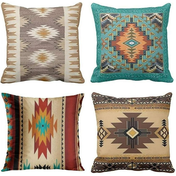 Set of 4 Throw Pillow Covers Tribal Western Geometric Colorful Nature Color Patterns Turquoise Orange Decorative Pillow Cases Home Decor Square 16x16 Inches Pillowcases