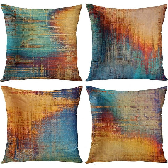 Set of 4 Throw Pillow Covers Vintage Abstract Blue and Orange Messy Rust Painting Decorative Pillow Cases Home Decor Standard Square 16x16 Inches Pillowcases