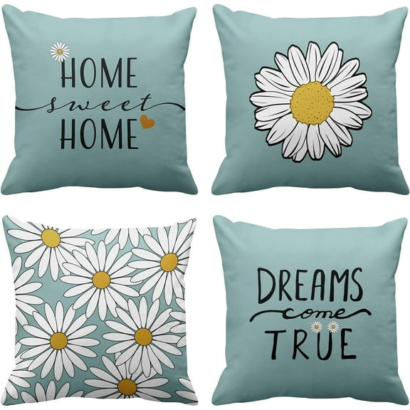 Set of 4 Throw Pillow Covers White Daisy Home Sweet Home Dream Come True Blue Decorative Pillow Cases Home Decor Standard Square 18x18 Inches Pillowcases