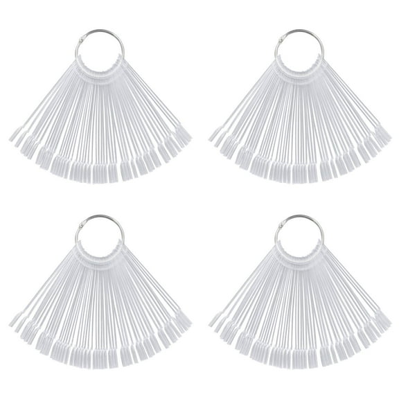 Set of 4 Total 200 Pcs Clear Nail Swatches Sticks,Clear Nails Sample Sticks,Transparent Fan-shaped Nail Art Tips Display Polish Board Display Practice Sticks Tool with Metal Split Ring Holder