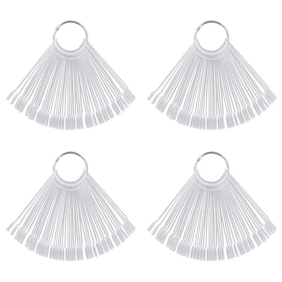 Set of 4 Total 200 Pcs Clear Nail Swatches Sticks,Clear Nails Sample Sticks,Transparent Fan-shaped Nail Art Tips Display Polish Board Display Practice Sticks Tool with Metal Split Ring Holder
