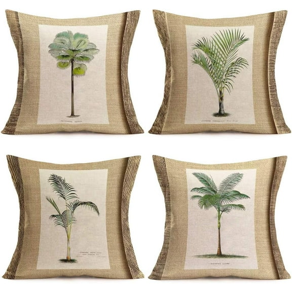 Set of 4 Tropical Paradise Plant Throw Pillow Case Coconut Palm Tree Decorative Burlap Cushion Covers Exotic Beach Style Home Office Decorations Cotton Linen Square 18"x18" Pillow Protectors