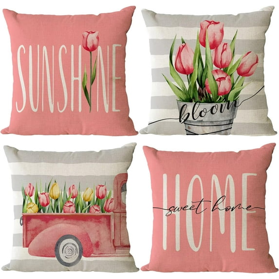 Set of 4 Tulip Pillow Covers 20x20 Spring Summer Pillow Covers Pink Floral Throw Pillow Covers Cushion Covers Square Pillow Cases for Couch Sofa Patio Outdoor Home Decorations(20 Inch)